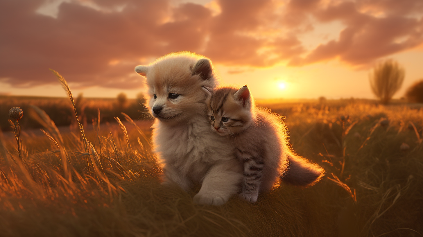 a fluffy baby orange kitten with a fluffy baby puppy on its back in a grassy field with an epic sunrise in the background