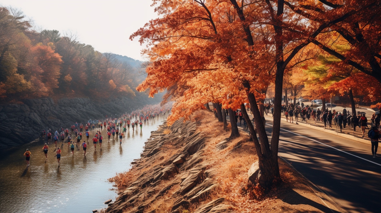 a road along a river with full fall foliage where many people are running a race